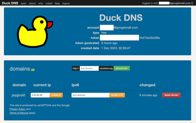 DuckDNS dashboard