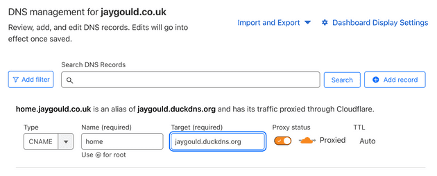 DuckDNS settings in Cloudflare